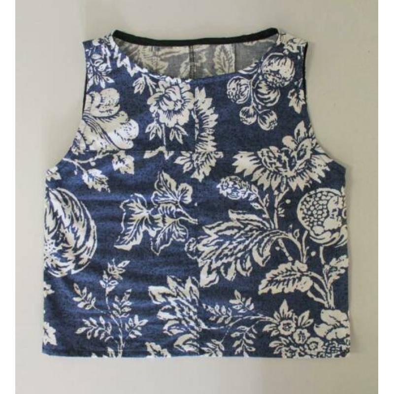 Handgemaakte mouwloze blouse S/M - Blauw zwart witte bloemen