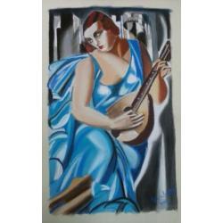 Lady in blue met gitaar.stijl: de Lempicka. Lia v. Langen