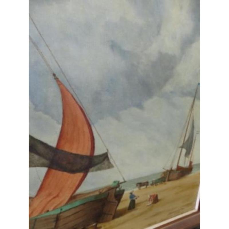 Nautisch olieverfschilderij op doek, 100x75 cm, strand/boot