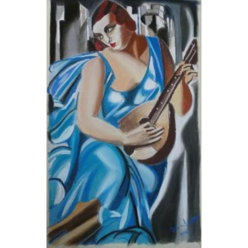 Lady in blue met gitaar.stijl: de Lempicka. Lia v. Langen