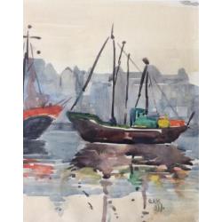 Aquarel abstract Vissersboten Kotters Urk