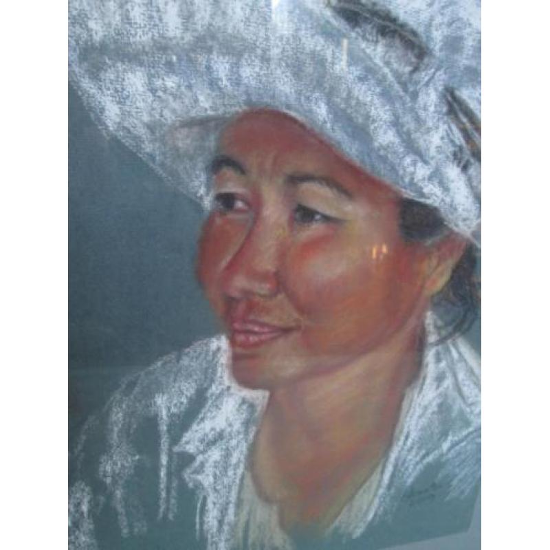 Pastel Portret Thaise Vrouw met Pet Christa Hoek 2009 50 x40