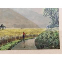 Oude aquarel rijstveld Indonesië gesigneerd