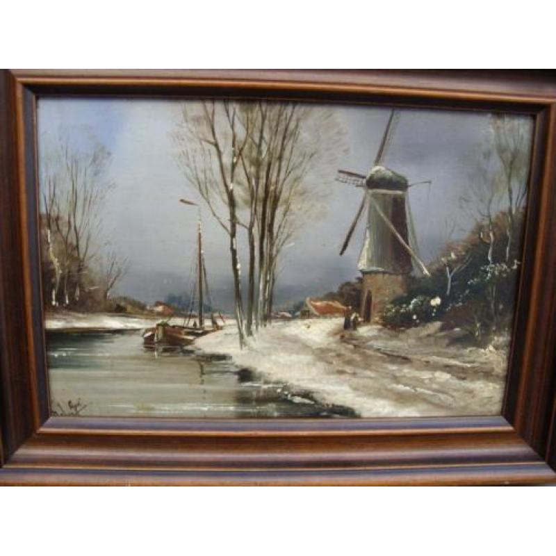 schilderij olieverf paneel apol rivier winter molen boot