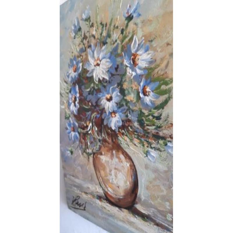 Oud Schilderij ,olieverf op paneel,bloemen ,blauw,gesigneer