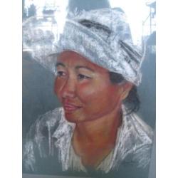 Pastel Portret Thaise Vrouw met Pet Christa Hoek 2009 50 x40