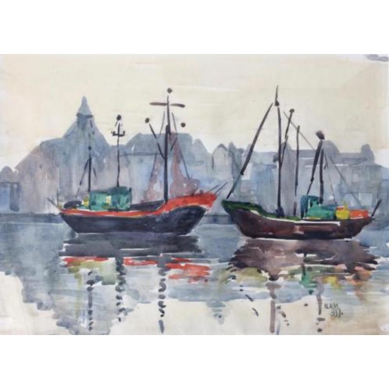 Aquarel abstract Vissersboten Kotters Urk