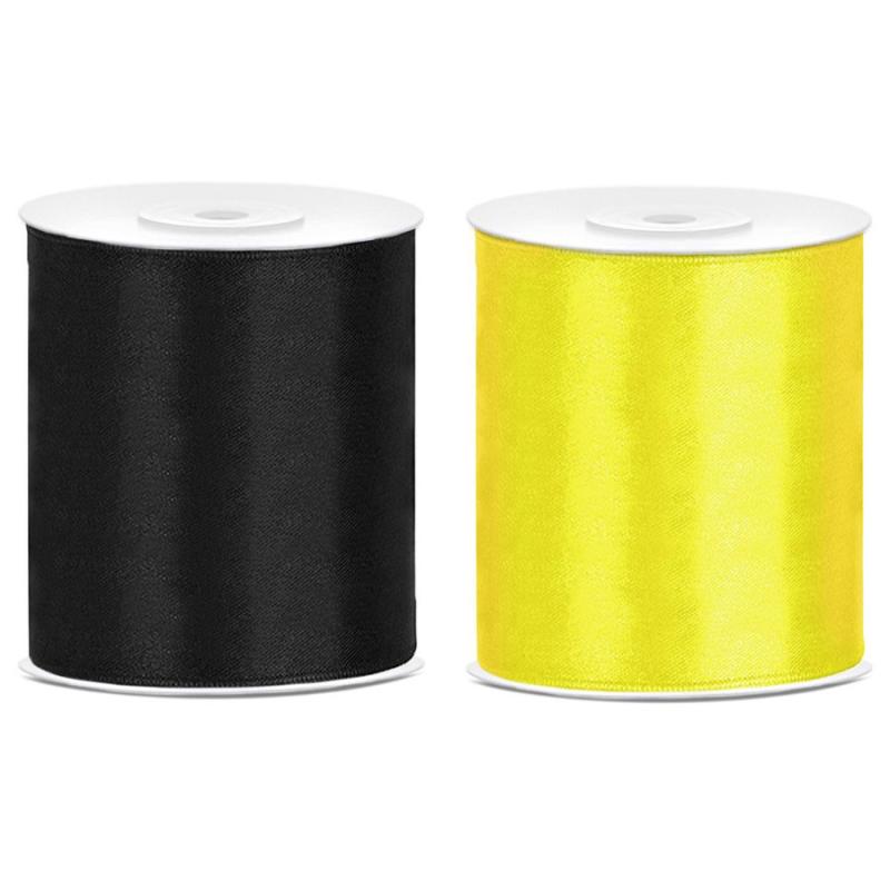 2x rollen hobby decoratie satijnlint zwart geel 10 cm x 25 meter