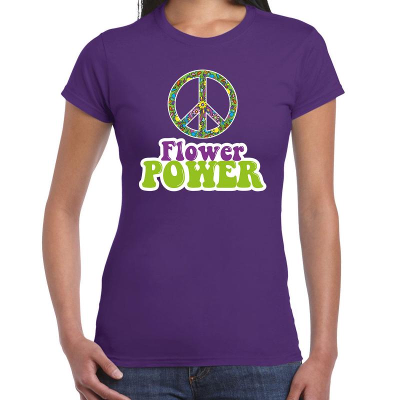 Toppers - Jaren 60 Flower Power verkleed shirt paars met groen en paars dames